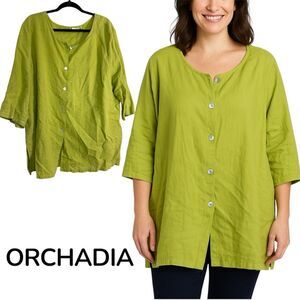 Orchadia Women's Lime Linen Blend Button-Down Tunic Top 2X